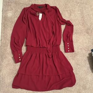 White House black market red plum LS tie NK blouson dress